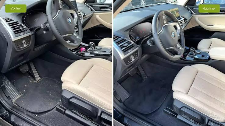 Before and after interior car detailing: dirty floor carpet and seats on the left, clean carpet and seats on the right